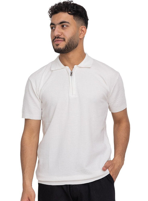 White Design 01055Knit Polo Neck Zipper - T-Shirt - Khotwh